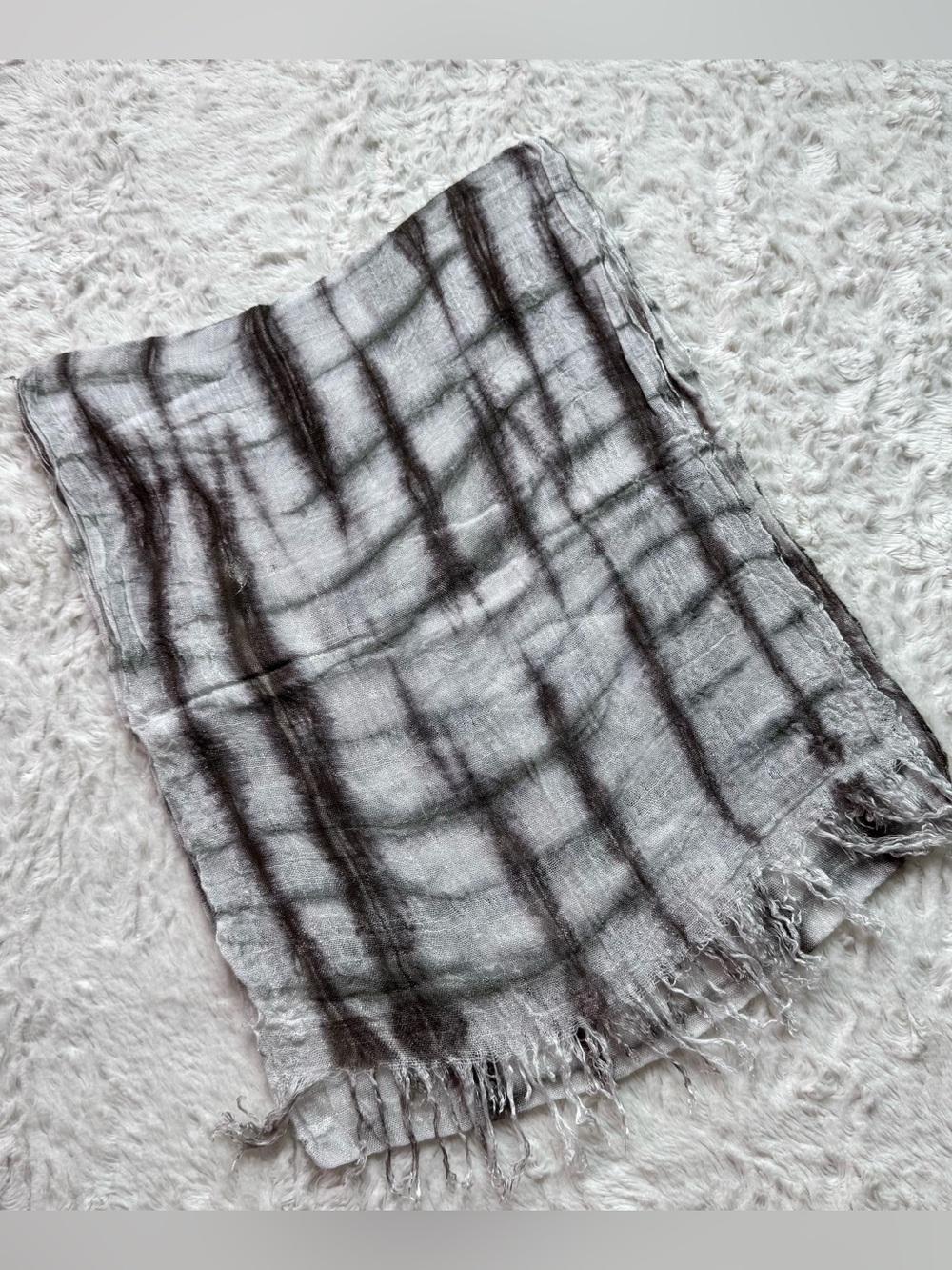 Eileen Fisher Crackle Shibori Wool Silk Gauze Scarf 13" x 72" Shawl Wrap Gray